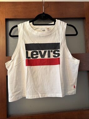 Levi's White Cropped Logo Tank with Black and Red Stripes